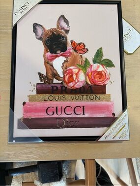 "Fashion Frenchie" Wall Art with French Bulldog and Roses - Pink, Gold, Brown